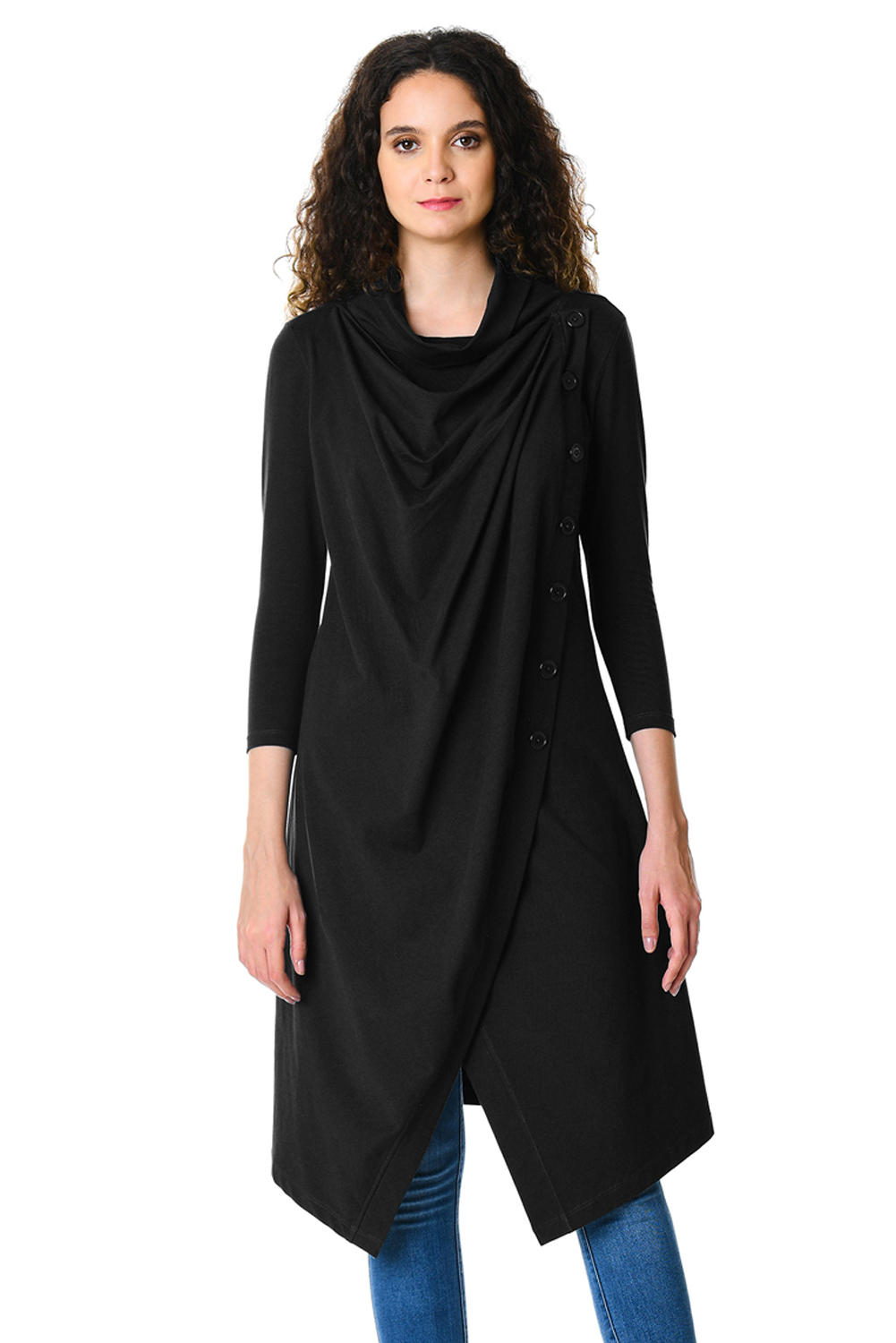 BY85218-2 Black Cowl Neck Asymmetric Wrap Long Tunic